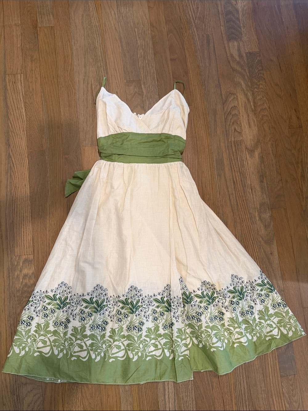 Max Studio-Cream and Green Floral Sundress with Waist Sash